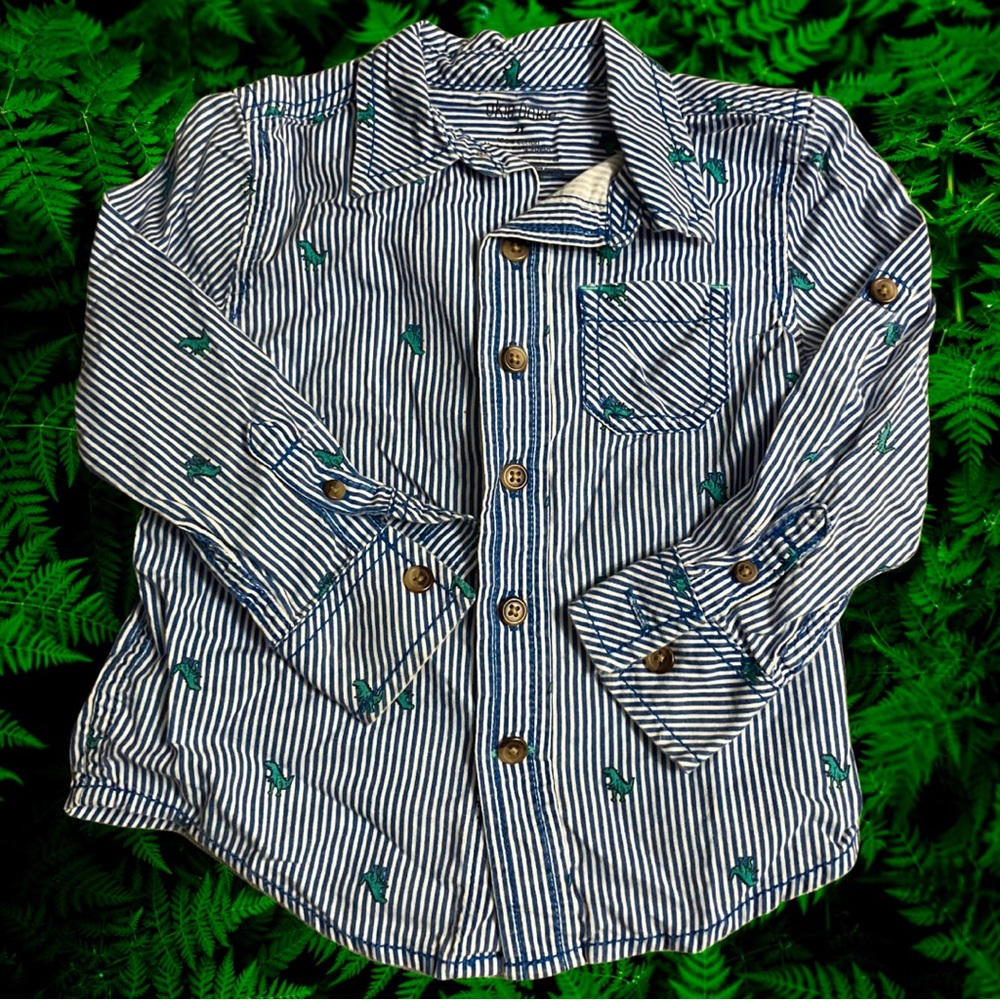 Okie Dokie Boys 2T Dinosaur Collared Button Up Collared Long Sleeve Shirt Strip